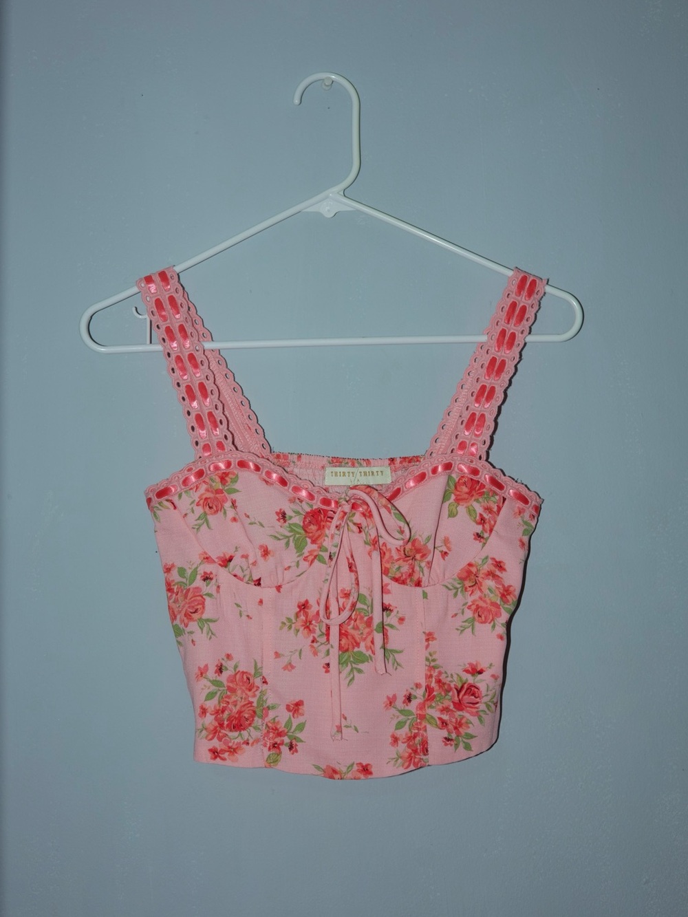 Pink Floral Cropped Tank Top with Lace Straps